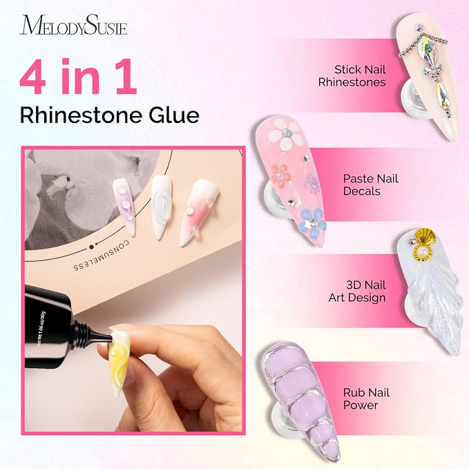 MelodySusie White Handheld UV Light for Gel Nails and Rhinestone Glue Kit | Cordless Spot Cure All Soft Gels 20s/60s Timer 450mAh Battery, Super Strong Gel Nail Glue Nail Art Design