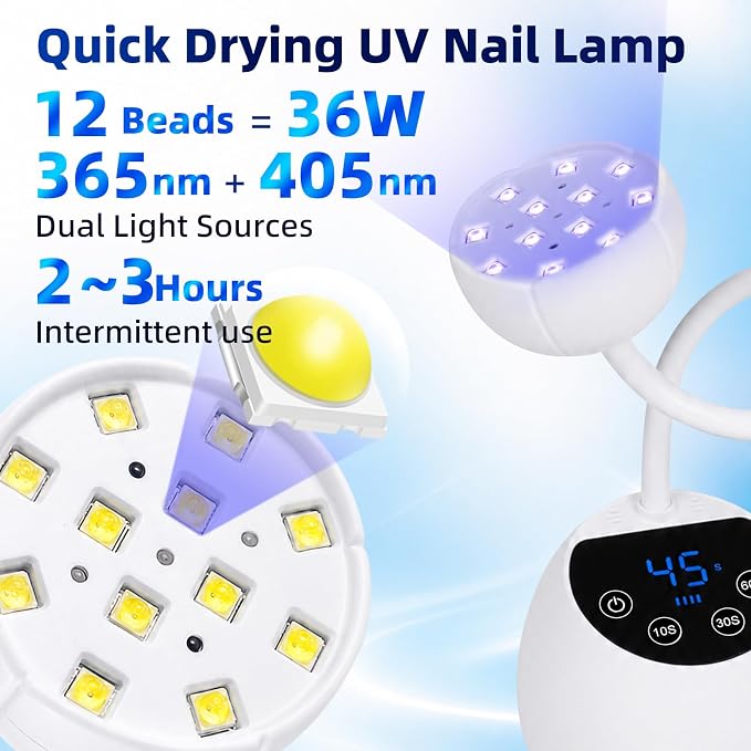 UV Nail Lamp, 360° Gooseneck Flash Cure Nail Lamp | 36W, 12 LEDs,4 Timers & Auto Sensor, Cordless UV Nail Light for All Gels Salon Home DIY,White