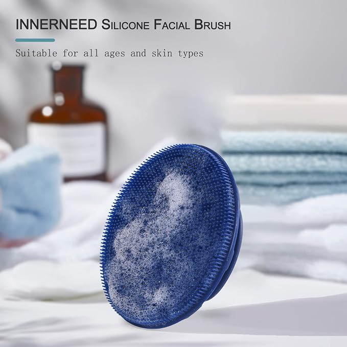 Silicone Face Brush Handheld Facial Cleansing Scrubber, Dark Blue+Gray | Gentle Exfoliating, Massaging, Makeup Remover, Oil Remover, Food-grade Soft Bristle, Hygienic for All Skin Types, INNERNEED