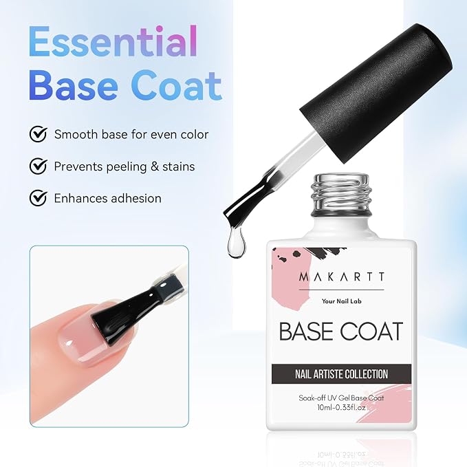 Makartt 2 Pcs Gel Top Coat and Base Coat Set, No Wipe Shine Finish | Soak Off Base Top Coat Long Lasting for Gel Nail Polish, LED UV Lamp Needed, Salon Quality Nail Manicure Gifts 10ML
