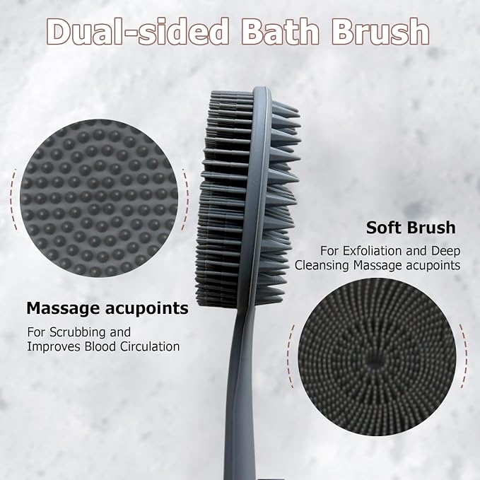 Long Handle Silicone Back Scrubber,Double-Sided for All Skin Types(Gray | For Back & Legs & Feet, Travel & Business & Daily, Rich Lather,Anti-Slip Handle, Easy Hanging