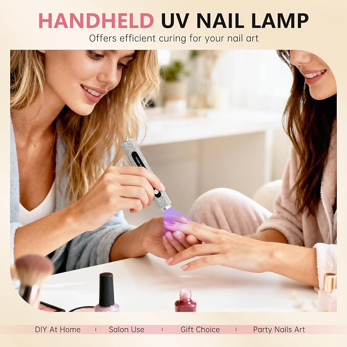 UV Nail Lamp, 3 in 1 Handheld UV Light for Gel Nails, Flash Cure Nail Lamp | Cat Eye Magnet | Cordless | 3W | Type-C | 400mAh | Full Rhinestone Covered | Mini Size | Easy to Carry | White Diamond