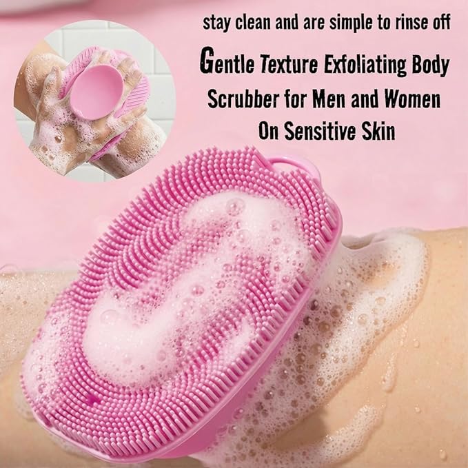 Soft Silicone Body Scrubber, Face Scrubber Silicone, Gentle Texture Exfoliating Body Scrubber for Men and Women On Sensitive Skin, Back Large Suction Cup for Easy Dry and Store (Pink)