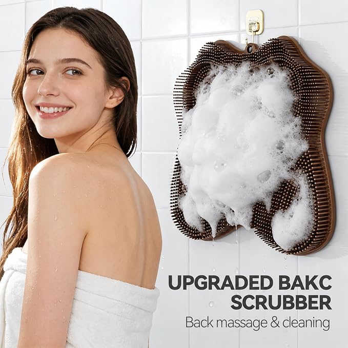 OZNER Silicone Shower Foot Scrubber Mat,Back Washer Bath Wash Pad Exfoliating & Massage, Wall Mounted Slip Strong Suction Cups for Use in Cleaner Men and Women (Brown)
