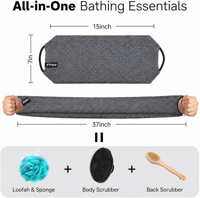 Yiclick Exfoliating Washcloth Towel with Handle, Back Scrubber for Shower, Exfoliating Body Scrubber Exfoliator, Japanese Wash Cloth for Body Scrub, Bath Sponge Loofah Luffa Washer Exfoliator