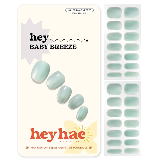 Heyhae Semi Cured Gel Nail Strips Salon Quality - Hey, Baby Breeze | No UV Light Needed | Salon Quality, Easy Apply & Remove | 28 Strips, 1 Prep Pad, Nail File, Wooden Stick | Blue Mint Jelly