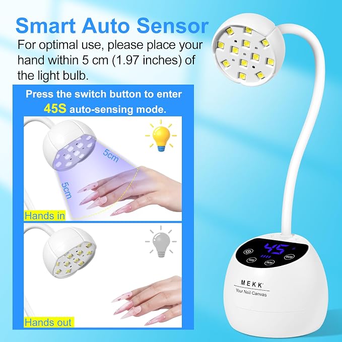MEKK Gooseneck Flash Cure Nail Lamp, 36W Mini UV Light for Gel Nails | Cordless,Auto Sensor, 4 Timers (10/30/60/90s), Single Nail Detail Work, Portable, USB-C, flower Design, Salon & Home,White