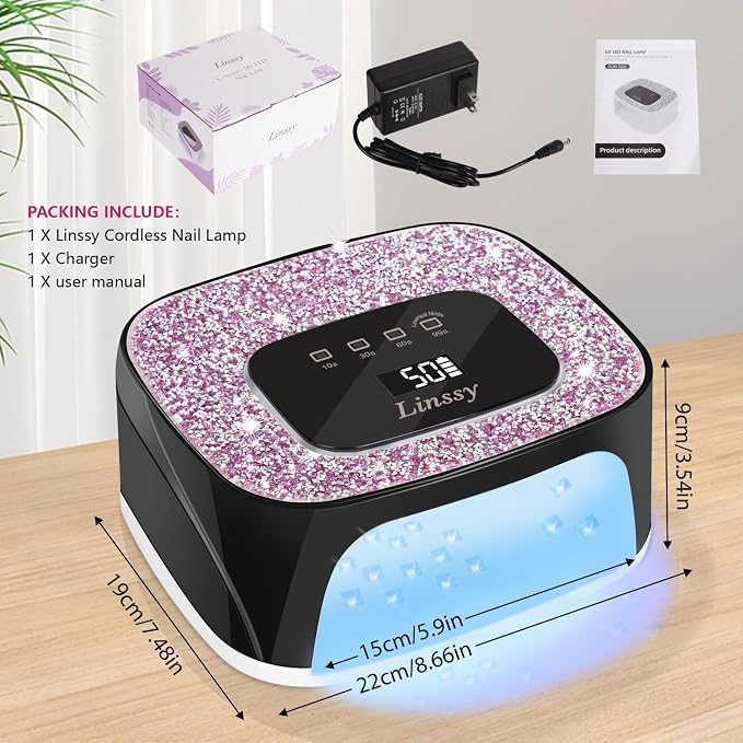 Linssy Rechargeable UV LED Nail Lamp,Portable Cordless Nail Gel Lamp | Gel Nail Dryer Light 4 Timings & Diamond LCD Screen with Auto Sensor, UV Light for Gel Nails at Home Salon (White)