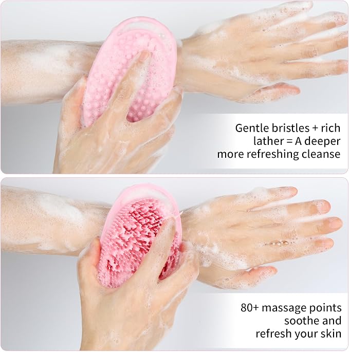 2 Pack Silicone Body Scrubber for Shower - Soft & Gentle Loofah Alternative for Sensitive Skin, Quick-Drying & Hygienic Body Wash Scrubber Brush for Women, Men & Kids (Black & Pink)