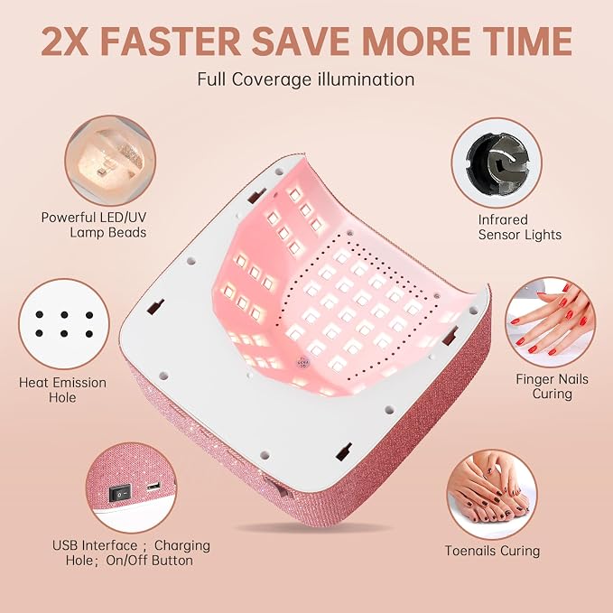 96W UV LED Nail Lamp Cordless Nail Dryer for Gel Polish | Rechargeable UV Light for Gel Nails Quick Dry Curing with Large LCD Display, with 3 Timer Setting Auto Sensor for Salon&Home