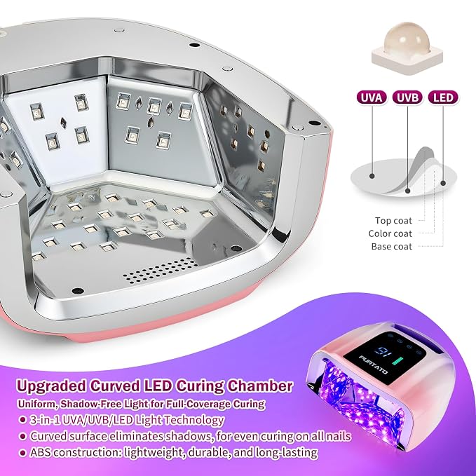 PURTATO Professional Rechargeable 96W UV LED Portable Cordless UV Light for Nail Lamp Machine with Removable Stainless Steel Bottom,4 Timer Setting and Smart Sensor Nail Dryer (Purple&Pink)