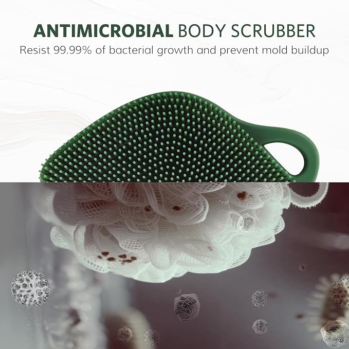 Sndyi Silicone Body Scrubber, Gentle Exfoliating Body Scrubber for Sensitive Skin, Leaf Shaped Shower Scrubber for Body with Lathering Bristles, Silicone Loofah Body Brush for Showering, Evergreen
