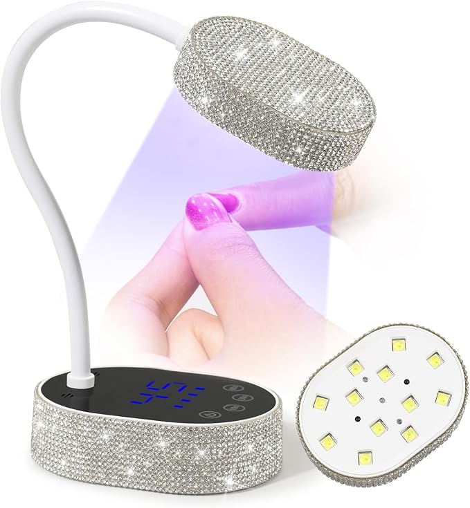 Flash Cure Nail Lamp, UV Nail Lamp for Gel Nail, Cordless, LCD, Auto Sensor | 36W | Type-C | 1500mAh | Rhinestone | Mini Size | Gooseneck | Easy to Carry | DIY Manicure | White Diamond