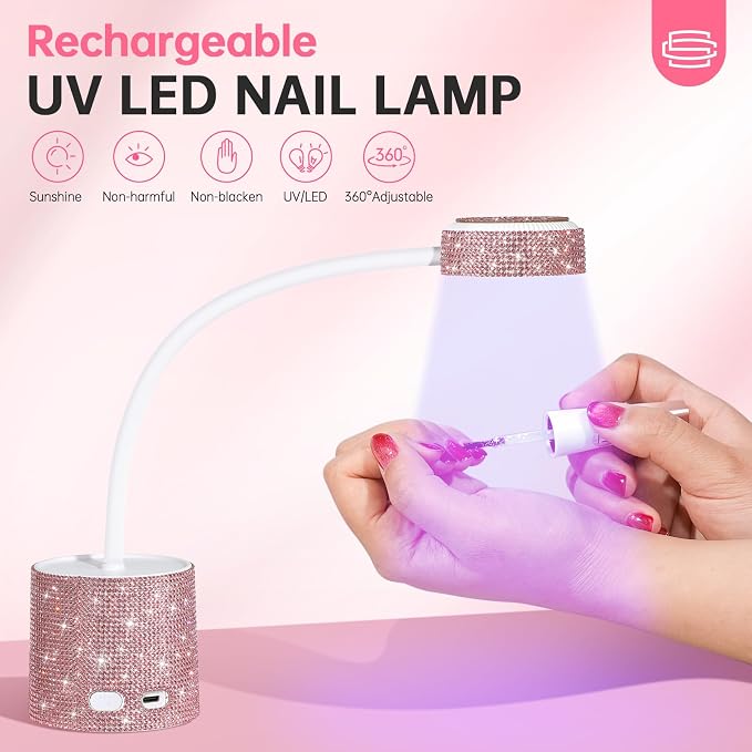 Flash Cure Nail Lamp, UV Nail Lamp for Gel Nails, Cordless Auto Sensor | 27W | Type-C | 1500mAh | Rhinestone | Mini Size | Easy to Carry | DIY Manicure | Pink Diamond