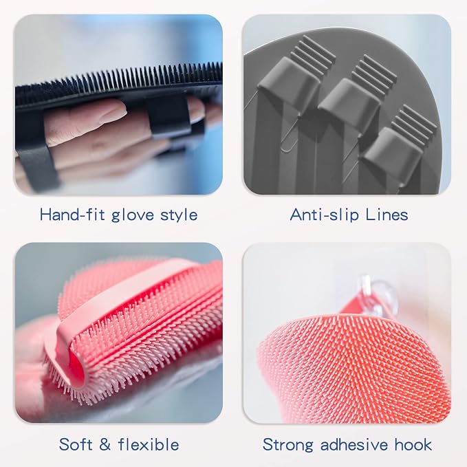 Manmihealth Silicone Back Scrubber & Soft Bath Glove Set 2PCS Gray | Super-Exfoliating Body Scrubber & Super-Lathering Shower Brush Combination, Thick Bristles, with a Free Hook