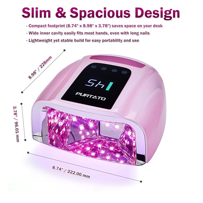 PURTATO Professional Rechargeable 96W UV LED Portable Cordless UV Light for Nail Lamp Machine with Removable Stainless Steel Bottom,4 Timer Setting and Smart Sensor Nail Dryer (Plating Pink)