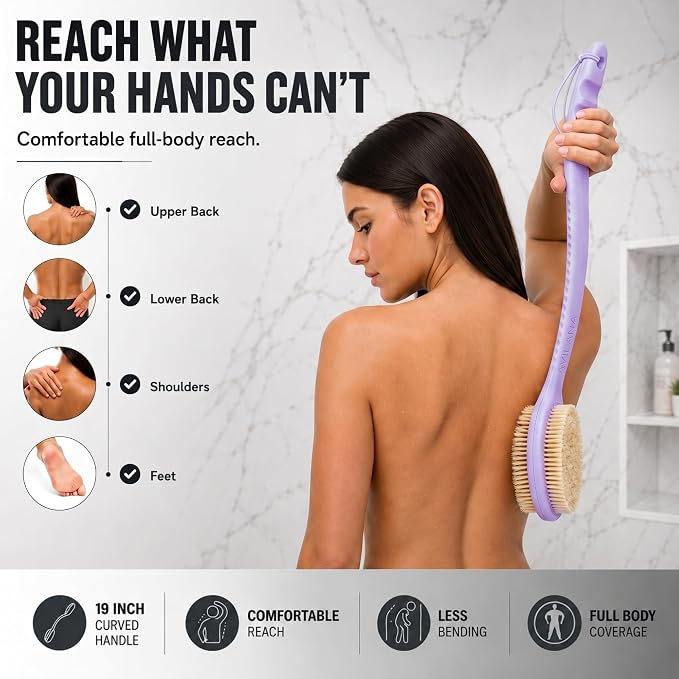 Avilana Long Handle Body Brush for Shower, 19 Inch Curved Back Scrubber with Soft & Stiff Bristles, Exfoliating Body Brush for Back, Legs & Feet, Non-Slip Silicone Handle, Replaceable Head System