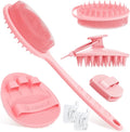 Silicone Back/Body/Face Scrubber & Scalp Massager Set 5PCS, 13.4'' Soft Back Scrubber, 360° Anti-Slip Bath Glove, Unique Side-bristled Face Scrubber, Shampoo Brush for All-Round Cleaning(Pink)