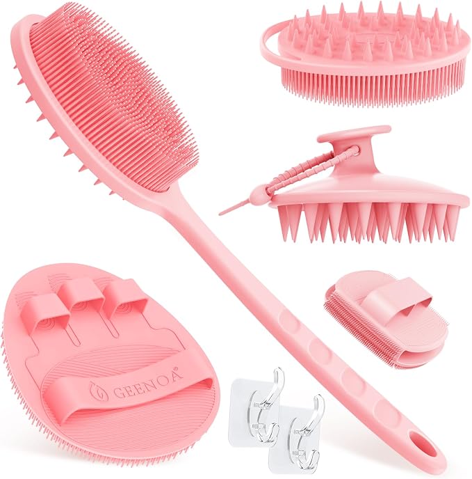 Silicone Back/Body/Face Scrubber & Scalp Massager Set 5PCS, 13.4'' Soft Back Scrubber, 360° Anti-Slip Bath Glove, Unique Side-bristled Face Scrubber, Shampoo Brush for All-Round Cleaning(Pink)