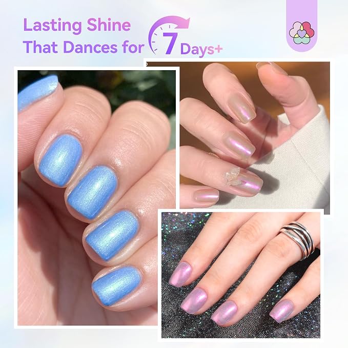 SAVILAND Quick-Dry Aurora Nail Polish Kit: 6+1 Colors Nail Polish Set with 3-in-1 Base Top Coat Cuticle Oil Pearl Glitter Pink Blue Green 12-Free Fingernail Polish Home DIY for Women Gift