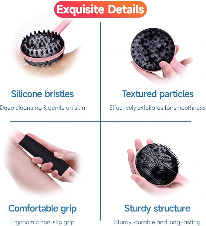 Back Silicone Rubber for Shower|17“ Curved Long Handle Body Brush|Dual-Sided Firm Exfoliating&Soft Bristles for for Men & Women|Silicone face Scrubber (Black face Brush and Pink Back Scrubber Set)