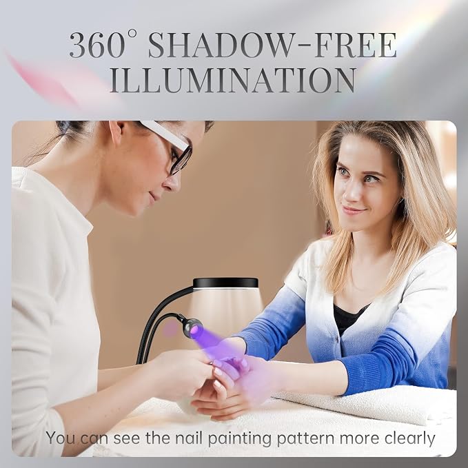 Dual Head UV Nail Lamp with 6X Magnifier, 3 Color Temps, Clip | 6X magnifier, 365+395nm fast cure, 3 color temps, 360° gooseneck, for gel polish and crafts, salon and home DIY