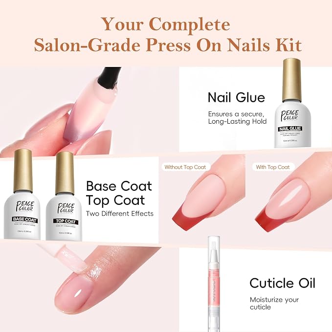 PEACECOLOR French Tip Press On Nails Kit - 160Pcs Coffin 5 Colors Nail Tips Gel Nail Kit with U V Light Base & Top Coat Starter Kit Nail Glue Full Set Fake Nails DIY Gift for Women Girls Home