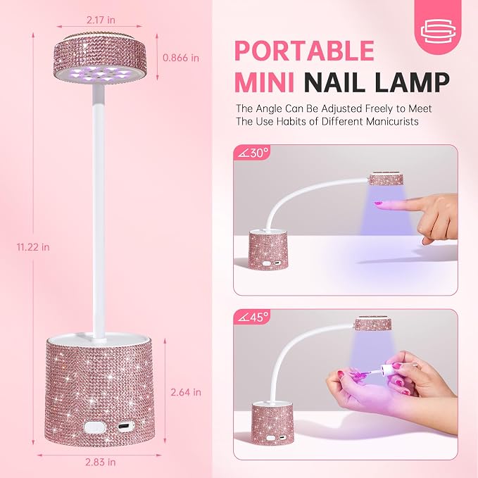 Flash Cure Nail Lamp, UV Nail Lamp for Gel Nails, Cordless Auto Sensor | 27W | Type-C | 1500mAh | Rhinestone | Mini Size | Easy to Carry | DIY Manicure | Pink Diamond