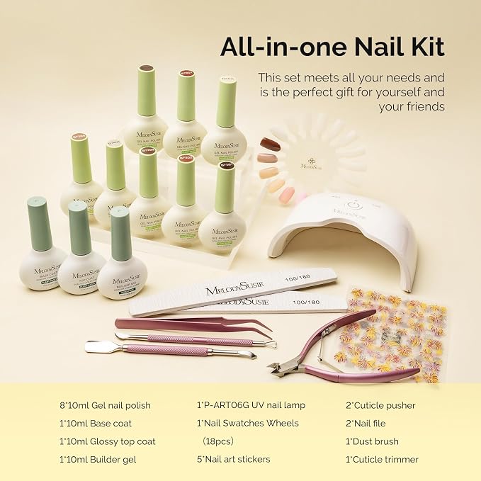 MelodySusie Gel Nail Kit with P-ART06G Cordless UV Lamp Rechargeable | LED UV Light Smart Sensor;Classic Popular Colors Plant Based Nails Polish;Top Base Coat;Builder Gel Beginner Nail Kit