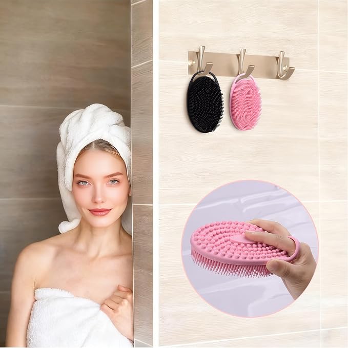 2 Pack Silicone Body Scrubber, Exfoliating Shower Scrubber for All Skin | 2 in 1 dual-sided design, soft bristles and massage bumps side, fast-drying, non-slip handle, for women and men, Black+Pink
