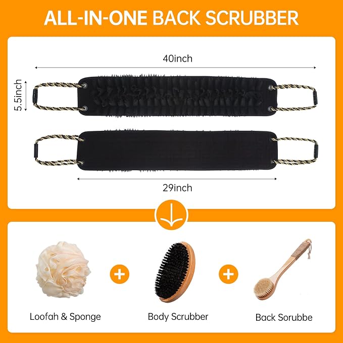 Extra Wide Shower Back Scrubber with Handles, 40 Inches Dual-Sided Back Washer, Body Exfoliator for Men with Larger Body Types. Foaming on One Side, Exfoliating on the Other for Deep Cleansing (XL)