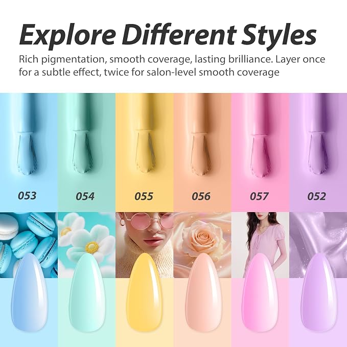 Makartt Pastel Gel Nail Polish Set 15ML: 6 High-Gloss Colors | Large Capacity, One-Coat, Spring Summer Collection, Blue Green Yellow Purple Pink, UV/LED Lamp Required, Home & Salon DIY