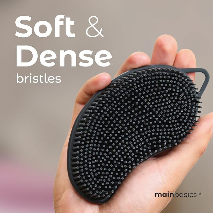 MainBasics Silicone Body Scrubber Dual-Sided, Black, Scalp | Shower Scrubber and Scalp Massager, Gentle Silicone Loofah Alternative for Deep Clean