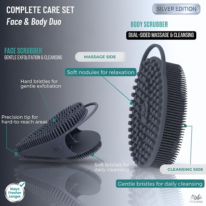 Avilana Silicone Body Scrubber for Shower – SGS Certified Food Grade Dual Sided Bath Brush, Gentle Exfoliating Silicone Loofah Alternative, Sensitive Skin Body Brush (Blue-Silver, Body & Face)