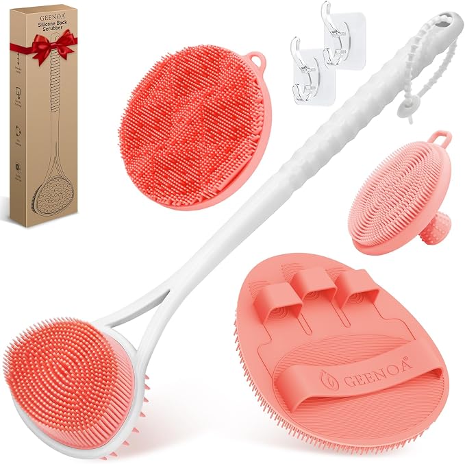 Silicone Back & Body & Face Scrubbers Set 4PCS, 15.35’’ Soft Back Scrubber for Dual-Side Usage, Easy-to-Hold Bath Glove Body Scrubber Face Scrubber for Good Foaming & Deep Cleaning(Pink)