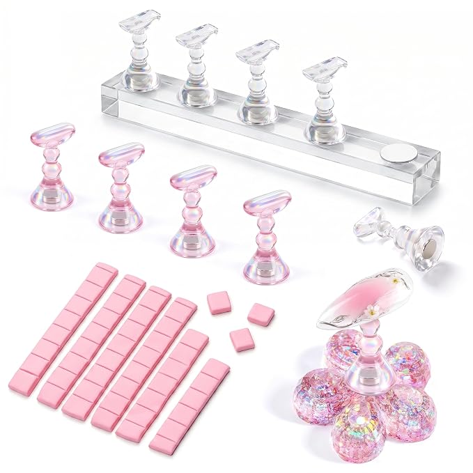 Makartt Nail Stand Kit: Magnetic Nail Holder for Press-On Nail Art Painting | Fake Nail Display Holder, Portable for Home DIY Beginner Salon Supplies, Reusable Putty Included, Aurora Pink & Clear Holders