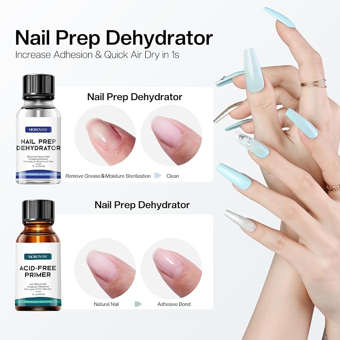 Morovan Nail Primer And Natural Nail Prep Dehydrate Set, Fast Air Dry For Gel Polish & Acrylic Powder, Gel Primer and Dehydrator 30ml / 1oz