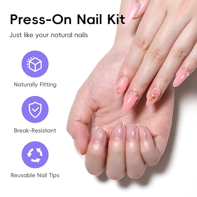 PEACECOLOR Gel Nail Kit, Short Medium Almond,240Pcs 12 Sizes Nail Tips with Nail Glue Mini Nail Lamp Clear Pink Jelly Gel Polish Pre-Etched Press on Fake Nail Extension Set DIY Gifts for Women