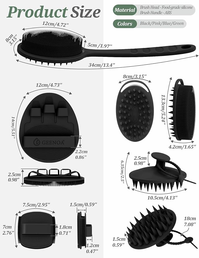 Silicone Back/Body/Face Scrubber & Scalp Massager Set 5PCS, 13.4'' Soft Back Scrubber, 360° Anti-Slip Bath Glove, Unique Side-bristled Face Scrubber, Shampoo Brush for All-round Cleaning(Black)