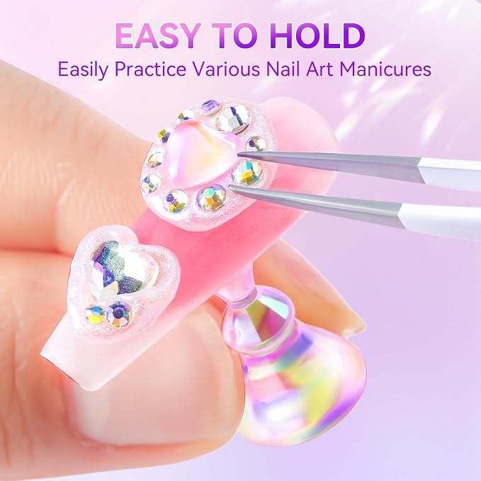 Makartt Press on Nails Stand: Clear and Pink Nail Holder for Painting Nails, Stands for Art Display Practice, Magnetic Clear Glitter Flower Fake Holders with Reusable Adhesive Putty for Home Salon DIY