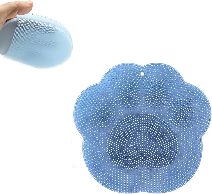 2 PC Silicone Body Scrubber Set,Foot Scrubber in Shower and Hand Held Silicone Face/Body Scrubber,Soft Wash Mitt,Shower Foot Scrubber Mat,Deep Cleaning Foot Brush Exfoliating Massage Cleaner (Blue)