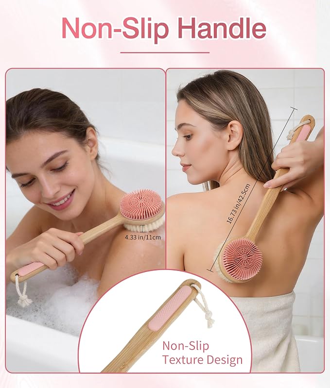 Back Scrubber for Shower - Double-Sided Silicone and Super-Dense Bristles for Deep Cleaning & Exfoliation, Bamboo Long Handle with Wider Anti-Slip Grip, Rich Foam, Durable (Pink)