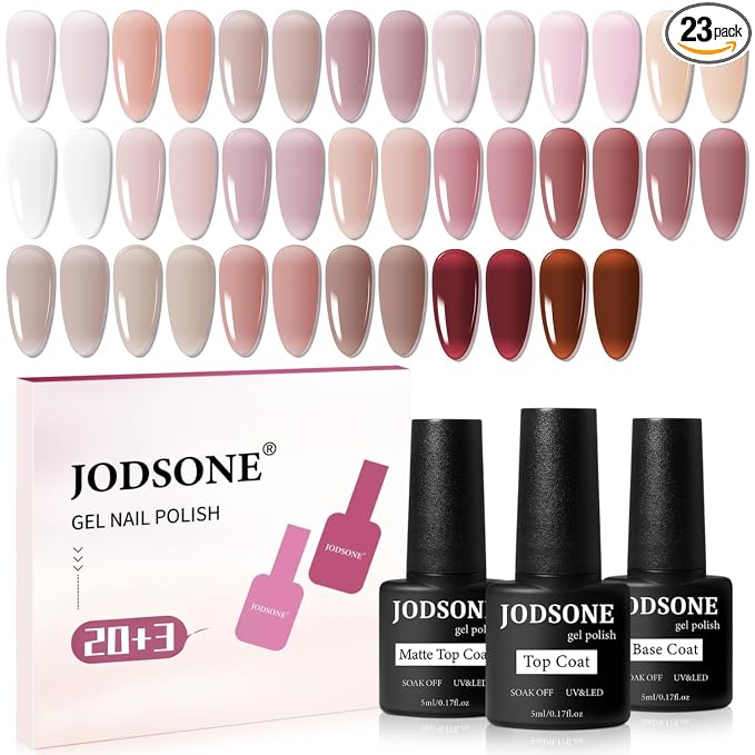 JODSONE 23PCS Gel Nail Polish Set 20 translucent Jelly Color Natural and Elegant Long Lasting Suitable for Home and Salon