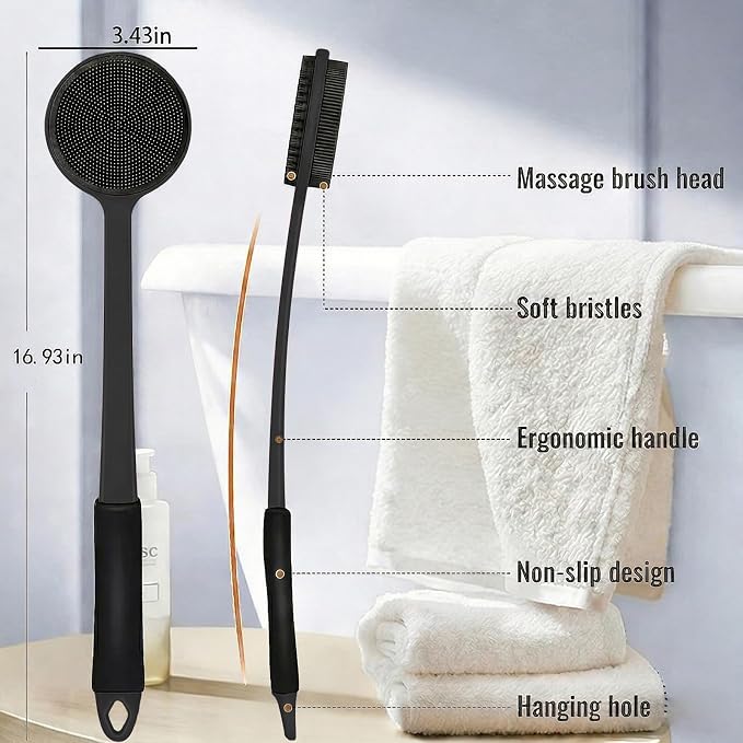 Back Silicone Rubber for Shower|Curved Long Handle Body Brush|Dual-Sided Firm Exfoliating&Soft Bristles |Silicone face Scrubber (Black face Brush and Back Scrubber Set)