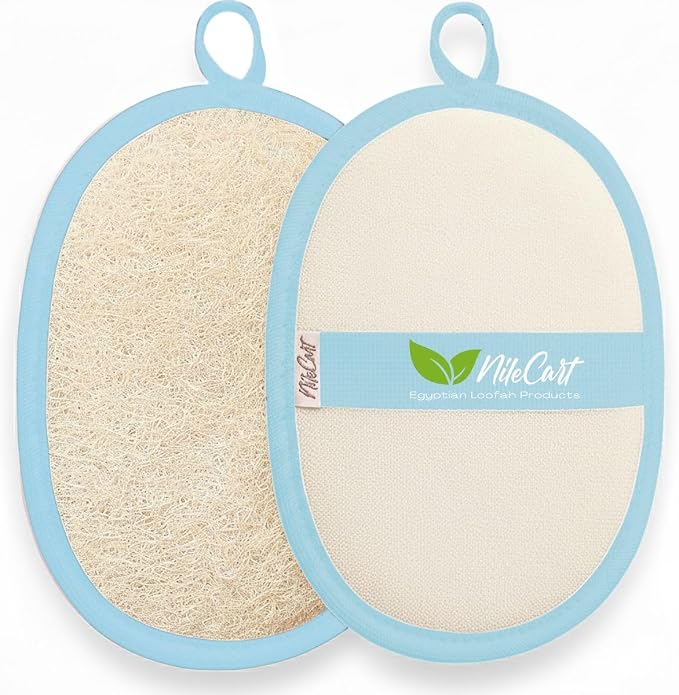 NileCart Natural Loofah for Women, Baby Blue, 2 Pack | Loofah Sponge Pads, Natural Body Exfoliator Scrubber, Made of Egyptian Luffa Sponges, For Bath & Shower