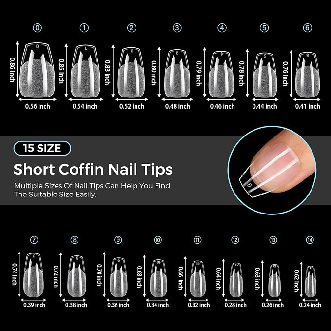 TOMICCA Short Coffin Nails Tips, 240PCS 15 Sizes Pre-Shaped Ultra Half Matte Clear Full Cover Acrylic Nails for DIY Salon, Gel Nail Extension Tips for Beginners & Nail Techs