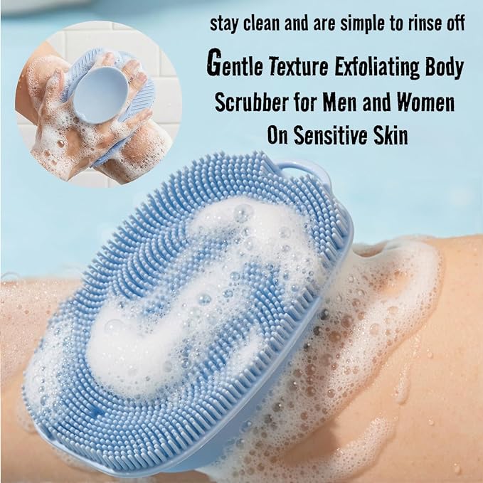Soft Silicone Body Scrubber, Face Scrubber Silicone, Gentle Texture Exfoliating Body Scrubber for Men and Women On Sensitive Skin, Back Large Suction Cup for Easy Dry and Store (Blue)