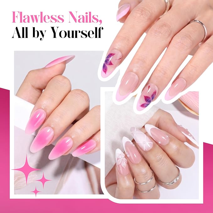 UNA GELLA Medium Almond Gel Nail Tips and Glue Kit, 216Pcs Pre-buffed Soft Gel Fake Nails with Air Dry Adhesive, Uv Lamp Free Complete Manicure Prep Kit for Beginners Extensions Press On Nails