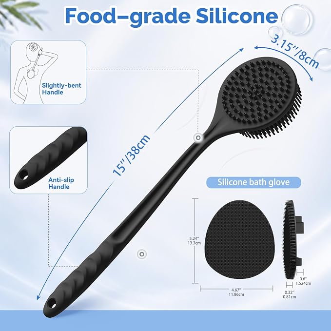 Manmihealth Silicone Back Scrubber & Soft Shower Brushes Set 2PCS Black | Silicone Body Scrubber with Thin Dense Bristles & Bath Glove Brush Combination, Super Lathering & Exfoliating