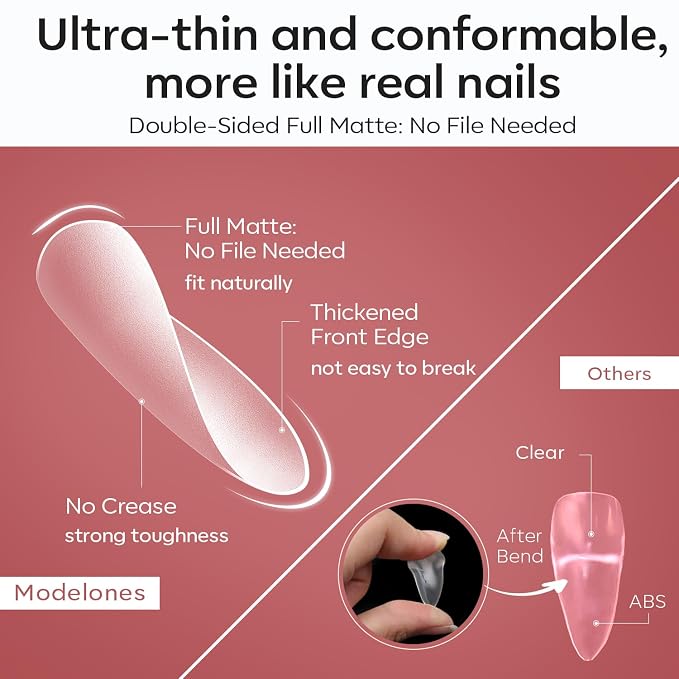 modelones Long Almond Guiding Line Nail Tips, Stiletto Soft Gel Tips Fake Nails False Acrylic Extensions Seamless Accurate Positioning Scale Line, Full Matte Professional Nail Salon 216PCS 12Sizes